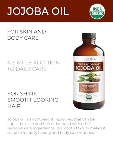 Velona USDA Organic Jojoba Oil 16 fl oz Glass Bottle Cold Pressed Non-GMO Pump