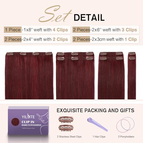 Clip In Hair Extensions Human Hair Burgundy 14 Inch 2.5 Ounce - Seamless & Full
