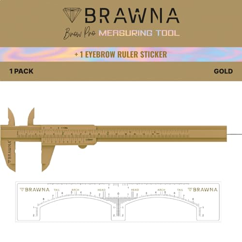 BRAWNA Brow Pro Measuring Tool with 1 Eyebrow Ruler Sticker - Double Scale Eyebrow Ruler for Microblading, Brow & Makeup Artists - Eyebrow Caliper Ruler Plastic- Gold