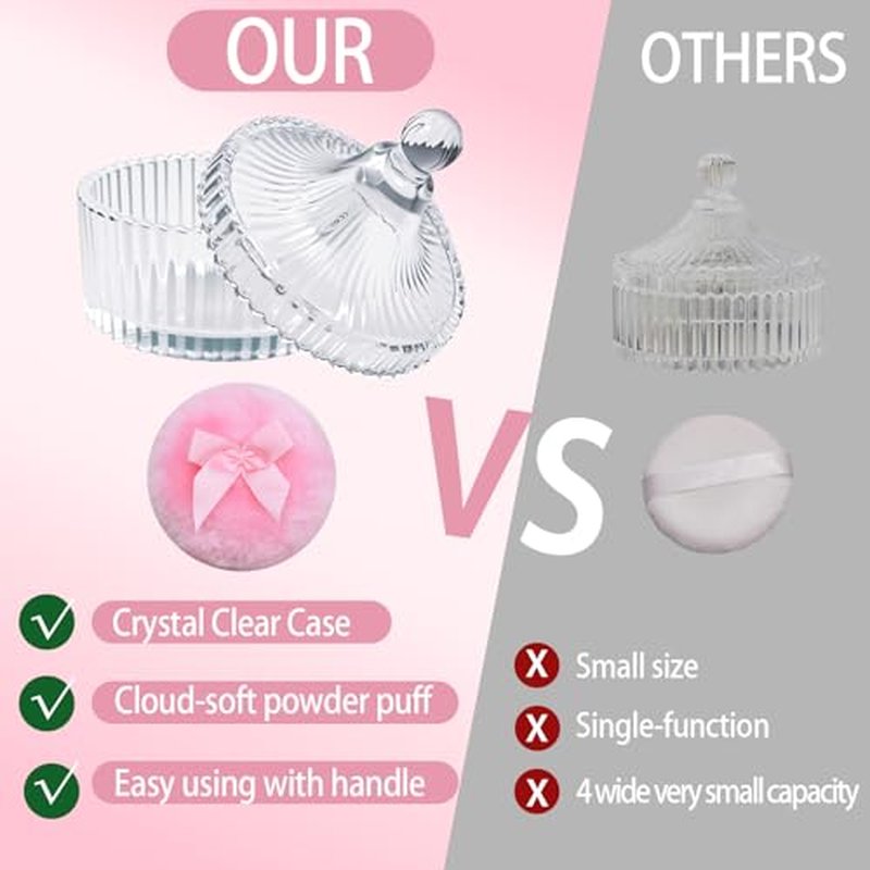 Large Body Powder Puff and Container Set - 2 Soft Washable Velour Puffs with Crystal Glass Storage Box, Reusable for Face Body Shimmer Powder, Dry Wet Makeup Application (Transparent)