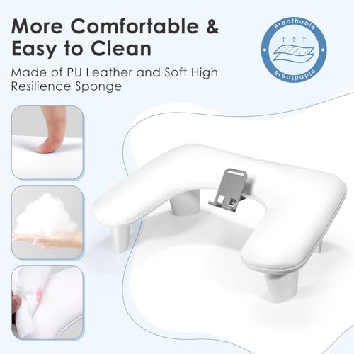LIONVISON Arm Rest for Nails Tech: U Shaped Ergonomic Nail Hand Rest Stand PU Leather with Rotating Phone Holder for Nail Salon Manicurist (White)