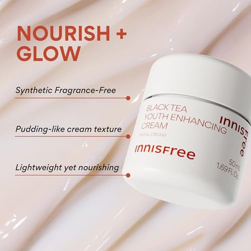innisfree Black Tea Youth Cream, Korean Moisturizer with Hyaluronic Acid for Radiance, Firm Skin, Hydration, and Visible Anti-Aging Benefits