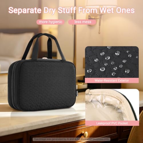 Travel Toiletry Bag with Multiple Compartments & Hanging Hook - Black
