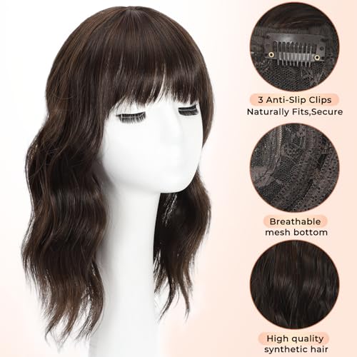 14 Inch Curly Wavy Hair Topper for Women - Dark Brown Mixed Chestnut, Clip-In Volume Enhancer