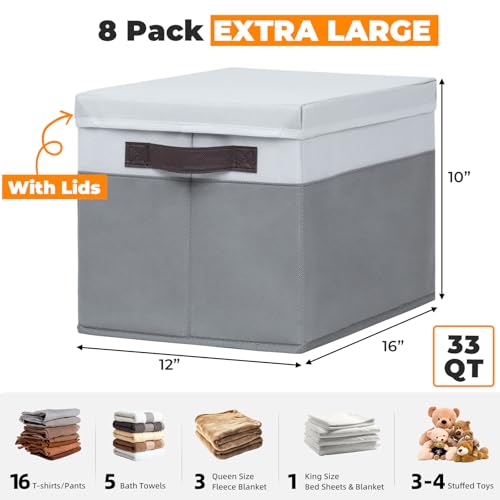 Criusia Extra Large White & Grey Storage Baskets with Lids - 8 Pack, 33 QT Closet Organizers for Clothes, Towels, Toys, and More