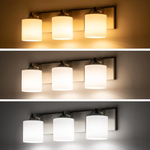 mirrea 3-Light Brushed Nickel Bathroom Vanity Light with White Glass Shades - Modern & Elegant 22-inch Fixture