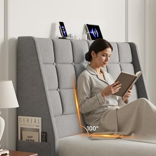 Gray Full Size Headboard with Charging Station, Wingback Ergonomic Design - ComfyCorner