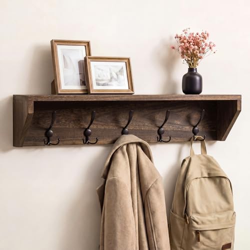 Wall Shelf with Hooks and Organizer - 35 Inch Wooden Coat Rack, Brown, Variation of Wood Color / 35 Inch / 5 Hooks
