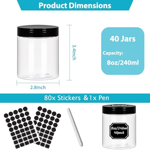 8 oz Plastic Round Jars with Black Lids - 40 Pack, Clear Storage Containers