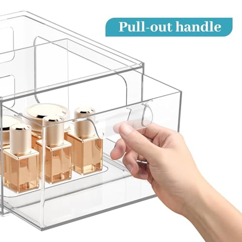 6 Pack Stackable Plastic Makeup Organizer Drawers, Acrylic Organizers, Clear Storage Bins with Pull-Out Handles for Vanity, Kitchen Cabinets, Pantry