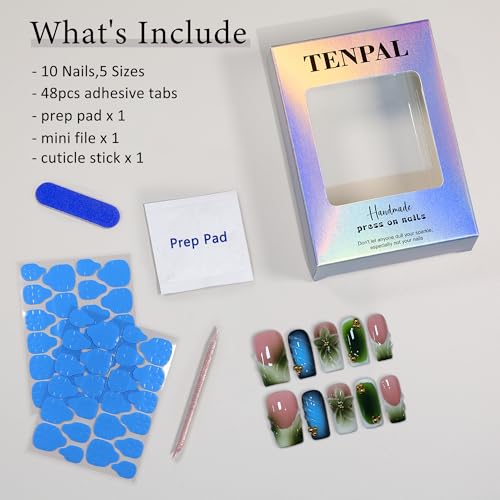 Glossy Handmade Press on Nails Medium Long Square - Icy French Green Blush 3D Floral Embossed Glossy False Nails for Women-Y2K Gradient Green Fake Nails for Winter Fall(L)