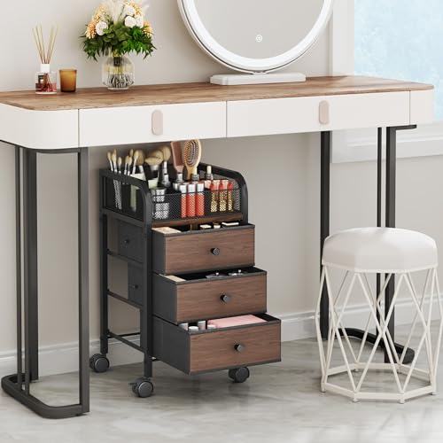 SWTYMIKI Rolling Makeup Organizer Cart - Floor Skincare Make Up Storage with 3 Non-woven Drawers, Vanity Organizer Cosmetic Display Cases Cabinet for Skin Care Perfume Nail Polish Brush Hair Tool