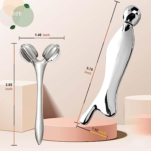 Face & Body Roller Massager - Guasha Tool for Face, Neck & Eyes, Stainless Steel, Chin Lift, Skin Tightening (Silver White)