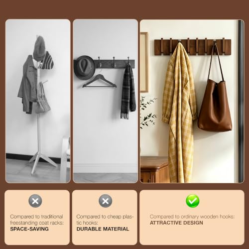 QUELLANCE Wooden Wall Coat Rack with 8 Hooks - Handmade Walnut & Beech Wall Mount Organizer