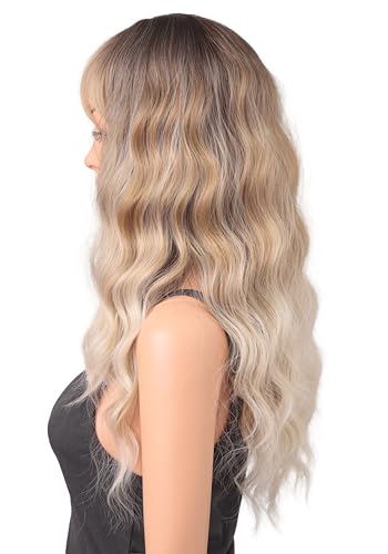 22 Inch Ash Blonde Wavy Wig with Bangs - Synthetic Heat-Resistant Hairpiece for Women