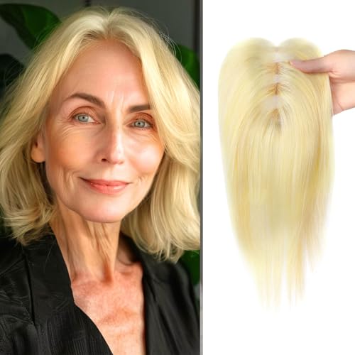 Blonde Human Hair Hair Topper 10 Inch Swiss Base for Thin Hair Natural Look - Variation 1213-613# Lightest Blonde