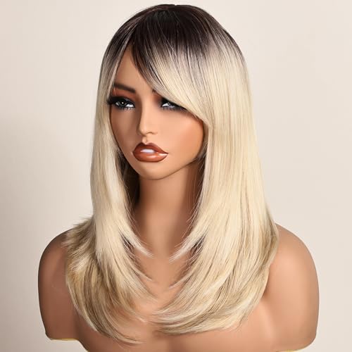 Balayage Layered Bob Wig - Ombre Blonde with Black Roots, Honey Blonde Highlights, 18 Inch Synthetic Wig with Thick Bangs & Curved Tail - Honey Blonde Variation