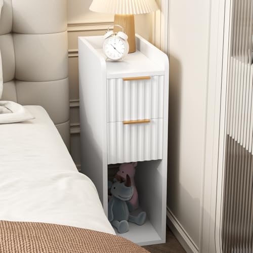 Set of 2 Narrow Wooden Nightstands - 7.9-inch Slim Bedside Tables with Fluted Drawers for Small Spaces, Modern White