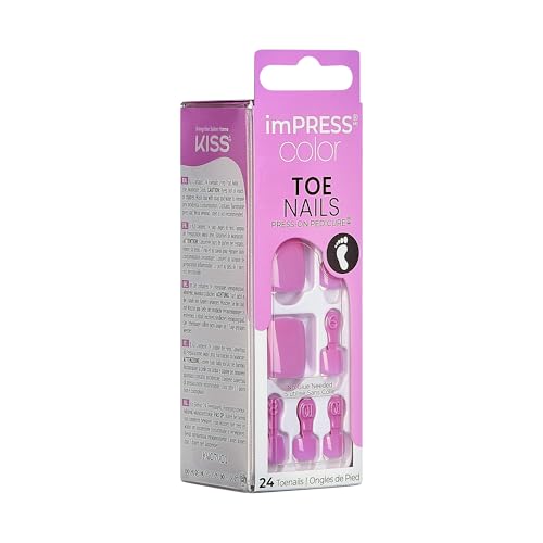 KISS imPRESS Color No Glue Pedi Press-On Toenails, Pink Squoval Shape, Includes 24 Nails, Prep Pad, 1 Manicure Stick, 1 Mini File