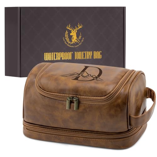 Travel Toiletry Bag for Men - Personalized Initials Leather Organizer, Light Brown D
