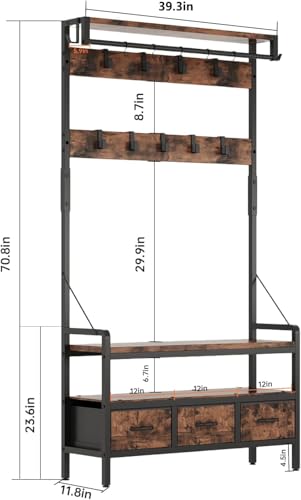 Hall Tree with Bench & Shoe Storage - 16 Hooks, 3 Drawers, Entryway Organizer