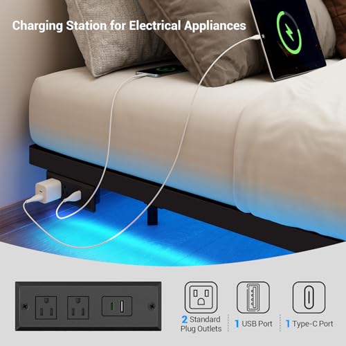 Queen Size Floating Metal Bed Frame with Smart LED Lights & Charging Station - Mashomdec