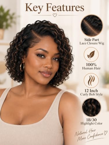 Deep Curly Human Hair Wig with Side Part Lace Closure - 12 Inch Ombre Black & Brown 1B/30