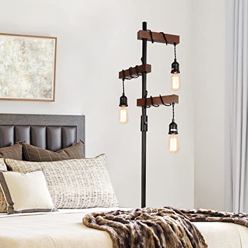 Dimmable Farmhouse Tree Floor Lamp - 68 Inch Wood & Metal Standing Lamp with 3 Lights