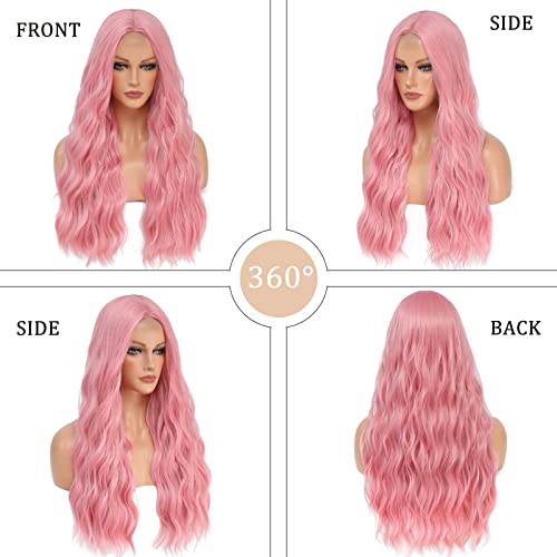 Long Pink Wavy Wig for Women 26 Inch Pastel Pink Hairpiece with Realistic Hairline - Variation of Pink