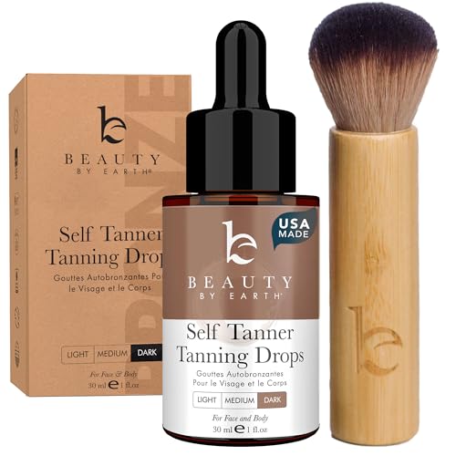 Self Tanning Drops & Kabuki Face Brush - Made with Natural and Organic Ingredients, Dark Face Tanning Drops to Add to Lotion, Moisturizing Bronzing Drops for Face & Body, Toxin Free Face Tanner