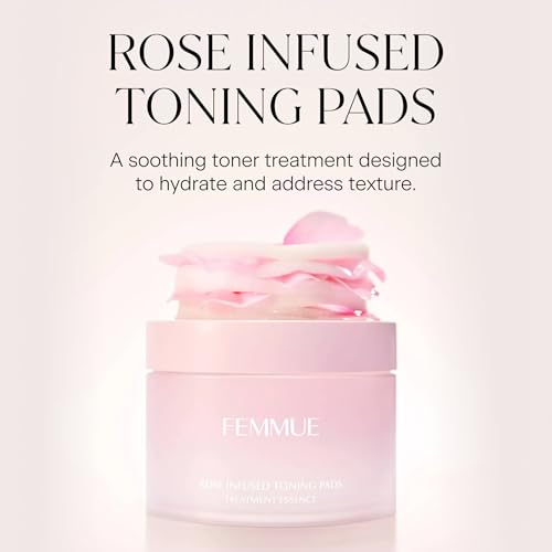 FEMMUE Rose Infused Face Toning Pads (60 Pack) | Daily Exfoliating Toner Cotton Rounds with Rose Water | Korean Skin Care