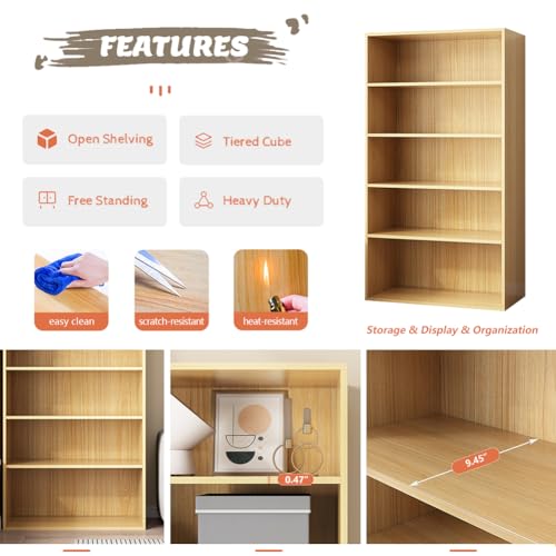 NELYE 5-Tier Oak Finish Open Bookcase – 23.62x9.53x52.17 inches, Stylish Storage Shelf