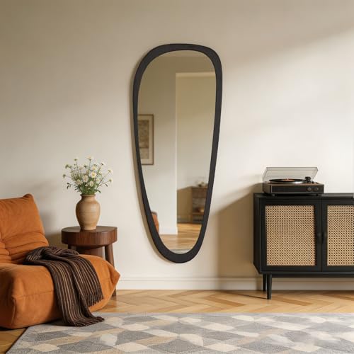 WallBeyond 48" x 22" Irregular Wooden Wall Mirror - Dark Brown, Mid Century Modern Decor