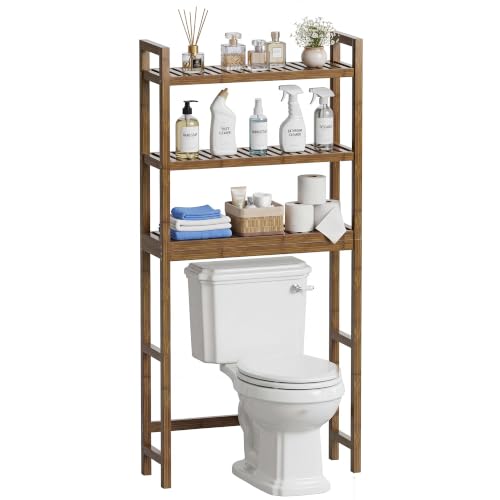 Bamboo Over-the-Toilet Bathroom Storage Shelf with Adjustable 3-Tier Shelves - Walnut, 24.8x10.2x67 in