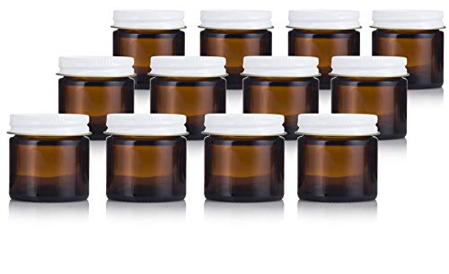 12 Pack Amber Glass Jars with White Metal Airtight Lids - 1.75 Inch