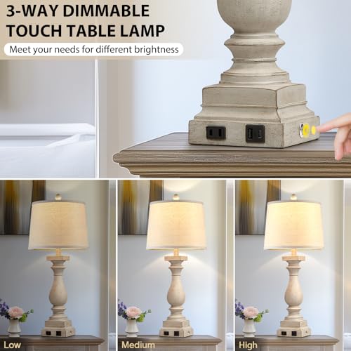 28-Inch Farmhouse Table Lamps Set of 2 with USB-C & AC Ports - Beige Vintage Nightstand Lamps - 3 Way Touch Control for Bedroom Living Room Office - Variation: Beige-2 Pack