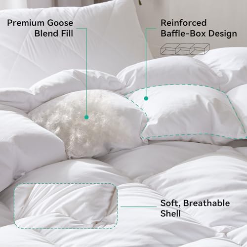 Oversized King Goose Feather Down Fiber Comforter - All-Season Fluffy Duvet with Corner Loops - White