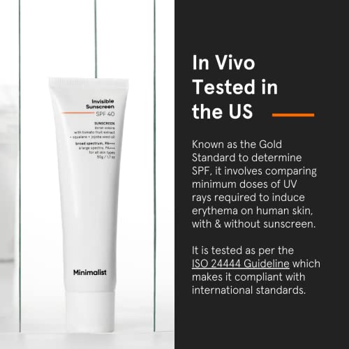 Minimalist SPF 40 Water Resistant Invisible Sunscreen Gel | Ultra Light Gel | No White Cast | Sweat Resistant | PA+++ | With Tomato Extract, Squalane and Jojoba Seed Oil | For Women & Men | 50 gm