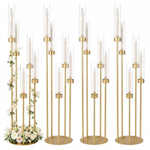 Gold 4-Piece 5-Arm Tall Candelabra Set with Acrylic Shades for Wedding & Events