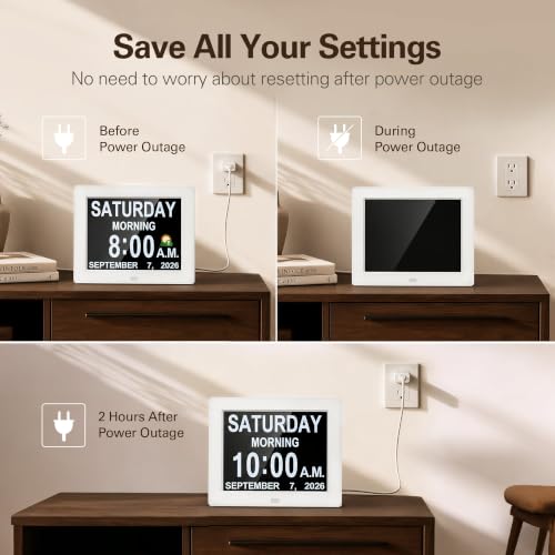 White 12-Inch Digital Calendar Day Clock for Seniors with Auto-Dimming & 12 Alarms