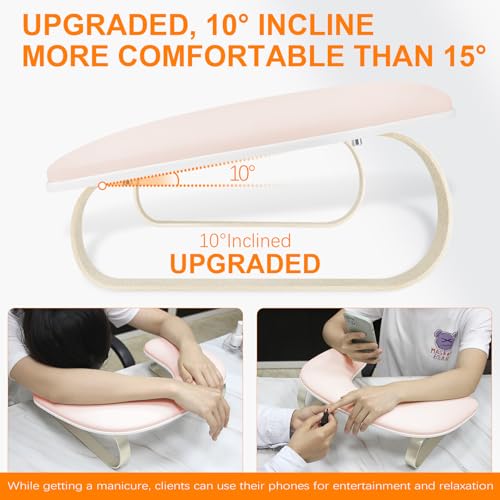 Arm Rest for Nails Tech Upgraded 10¡Æ Inclined, U-Shaped Manicure Nail Arm Rest Stand, Pink Nail Armrest for Nail Tech Hand Rests with Gold Aluminum Alloy Holder Non-Slip
