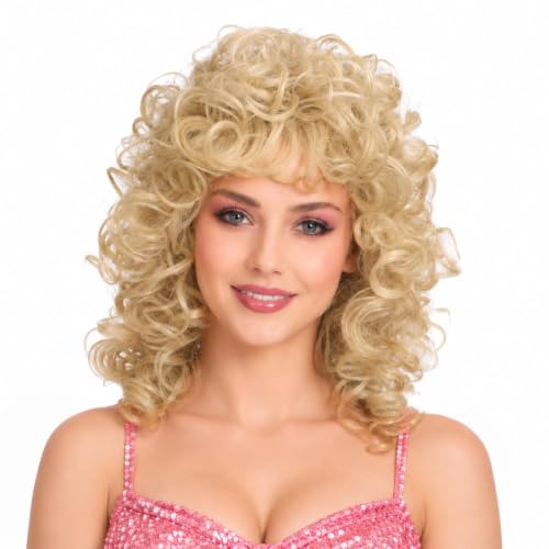 ColorGround Medium Long Curly Blonde 80s Rocker Wig for Women
