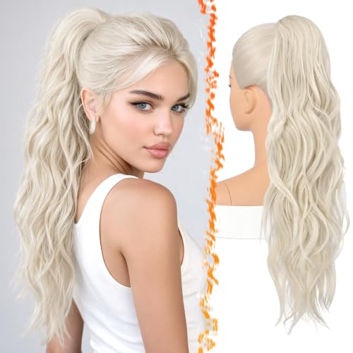 BARSDAR 25 Inch Platinum Blonde Synthetic Ponytail with Claw Clip & Drawstring - Soft Wavy Hair Extension