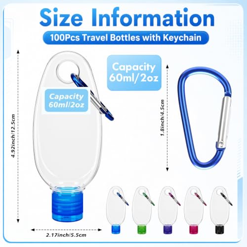 Yalikop 100 Pcs Traveling Bottles with Keychain 2oz Clear Plastic