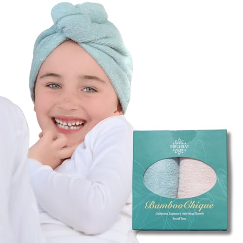 Kids Hair Towel Wrap Set - Small Bamboo Viscose Hair Drying Wrap with Seashell Pink & Seafoam Blue