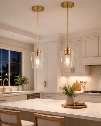 Gold Pendant Lights for Kitchen Island - Clear Glass Shade, 6 Inch - Brushed Gold Finish, 2 Pack