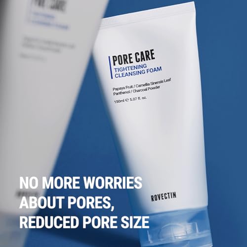 ROVECTIN Pore Tightening Cleansing Foam | Green Papaya, Glycerin, Charcoal Powder, AHA/BHA/PHA for Refining Pore Size, Non-Irritating | Oily, Dull Skin | Vegan (5.07 fl. oz.,150 ml)