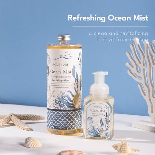 ROMIIE ZOI Hand Soap Refills, Foaming Hand Soap Natural Plant Moisturizing Handsoap Fragrance Ocean Mist - Soft Hand Wash for Kitchen & Bathroom - with Foam Soap Dispenser 1L/33.8oz Pack of 3