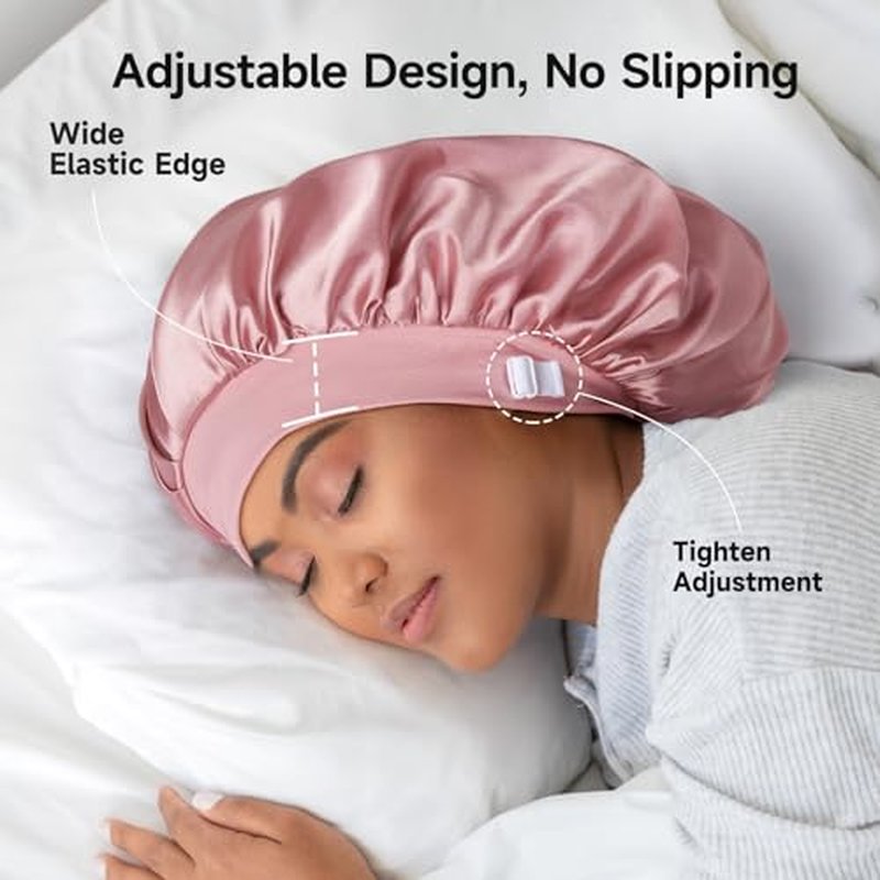 2 Pack 22 Momme 100% Real Mulberry Silk Bonnet for Sleeping Women Pink and Black + Purple