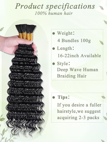 Deep Wave Human Braiding Hair for Boho Braids - 1B / 18 Inch